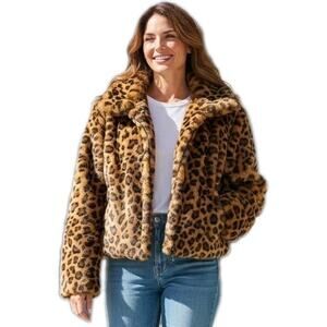 Vintage VIVA Leopard Short Jacket M Oversized Boxy Animal Print Thick Faux Fur